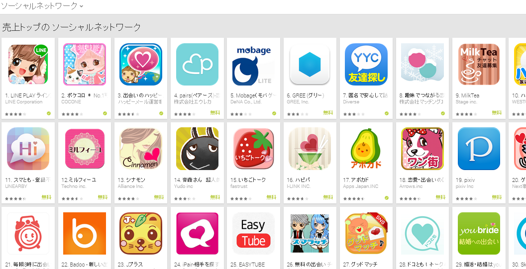 Google Play週次ランキング(1/12)　ペアーズが4位に上昇