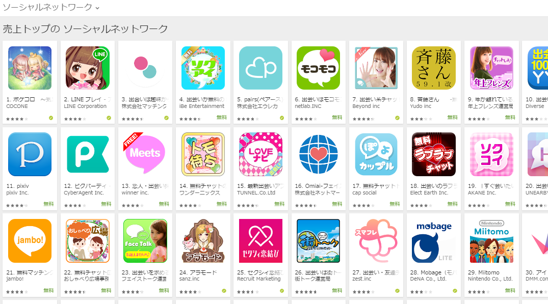Google Play売上ランキング（ソーシャルネットワークカテゴリー）(5/9)　Omiaiが大幅に上昇