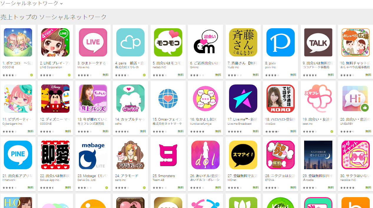 Google Play売上ランキング ソーシャルネットワークカテゴリー 11 7 Pixivがトップ10入り 恋活アプリニュース