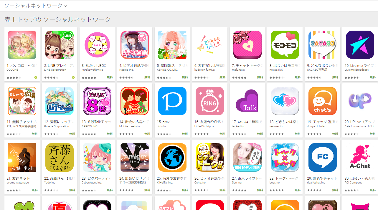 Google Play売上ランキング（ソーシャルネットワークカテゴリー）(3/13)　Peachが急上昇