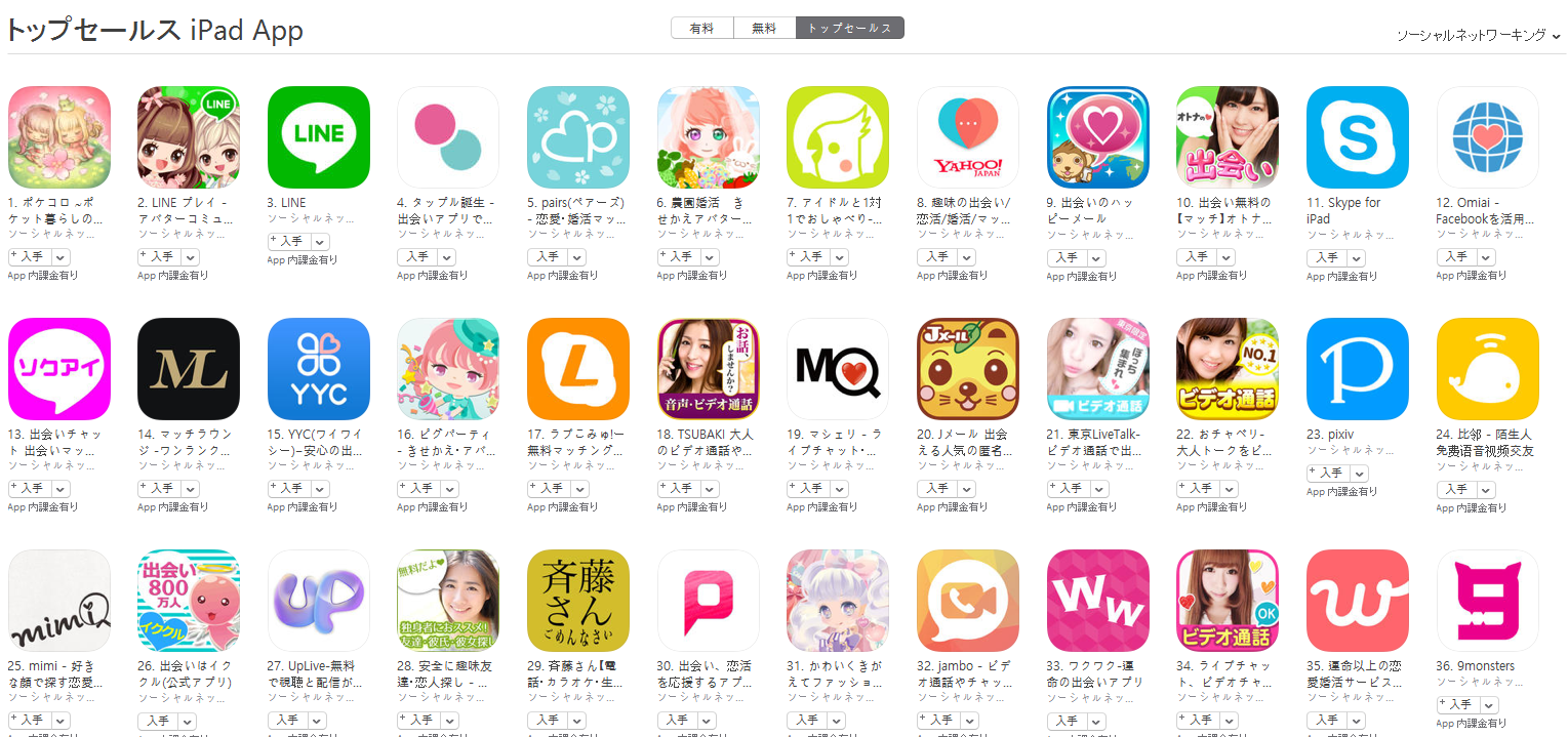 App Store（ソーシャルネットワーキング トップセールスランキング）(3/20)　ポケコロが1位に上昇