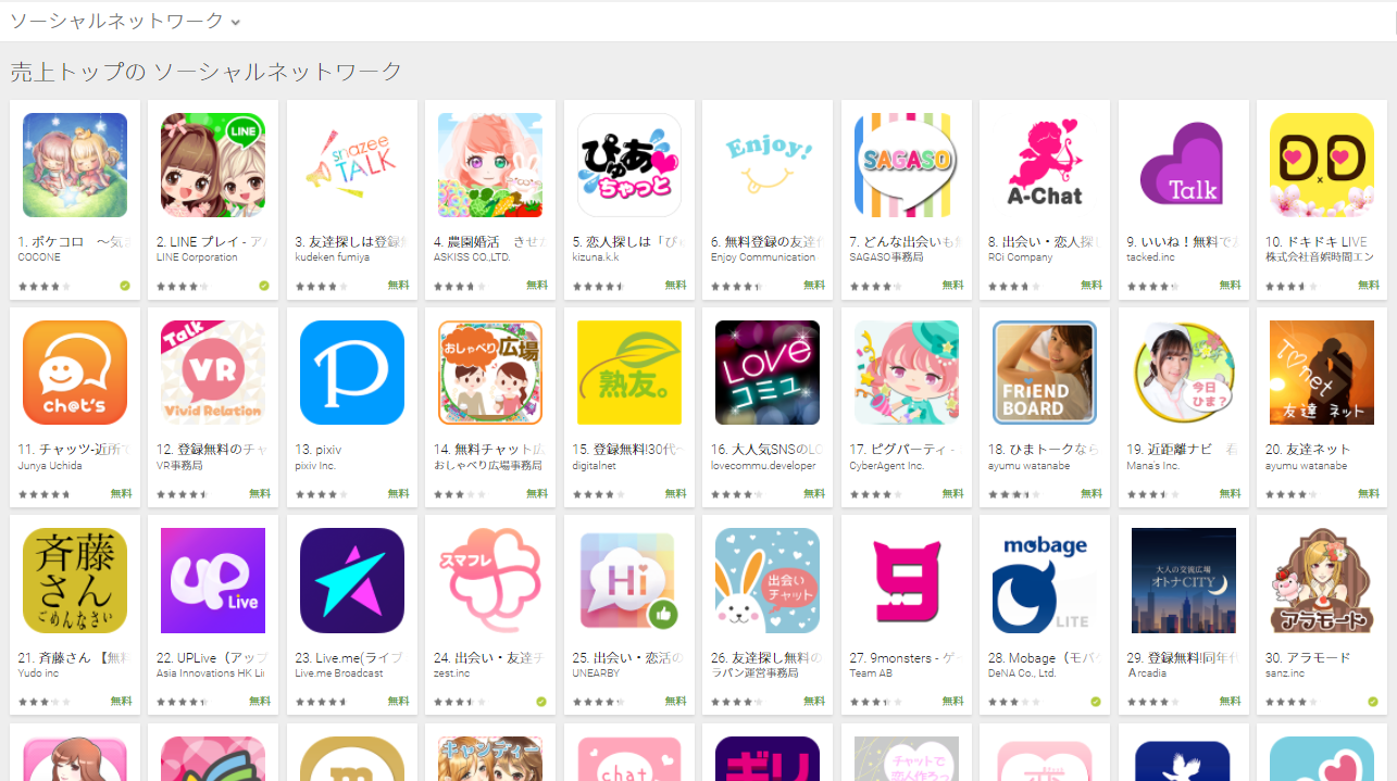Google Play売上ランキング（ソーシャルネットワークカテゴリー）(5/1)　ぴゅあちゃっとが5位にランクイン