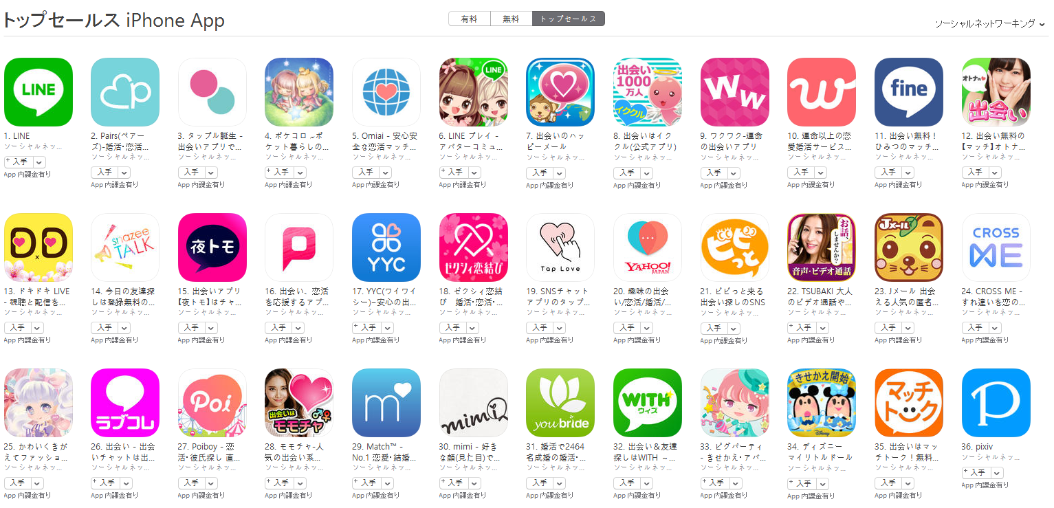 App Store（ソーシャルネットワーキング トップセールスランキング）(5/8)　タップル誕生が3位に上昇