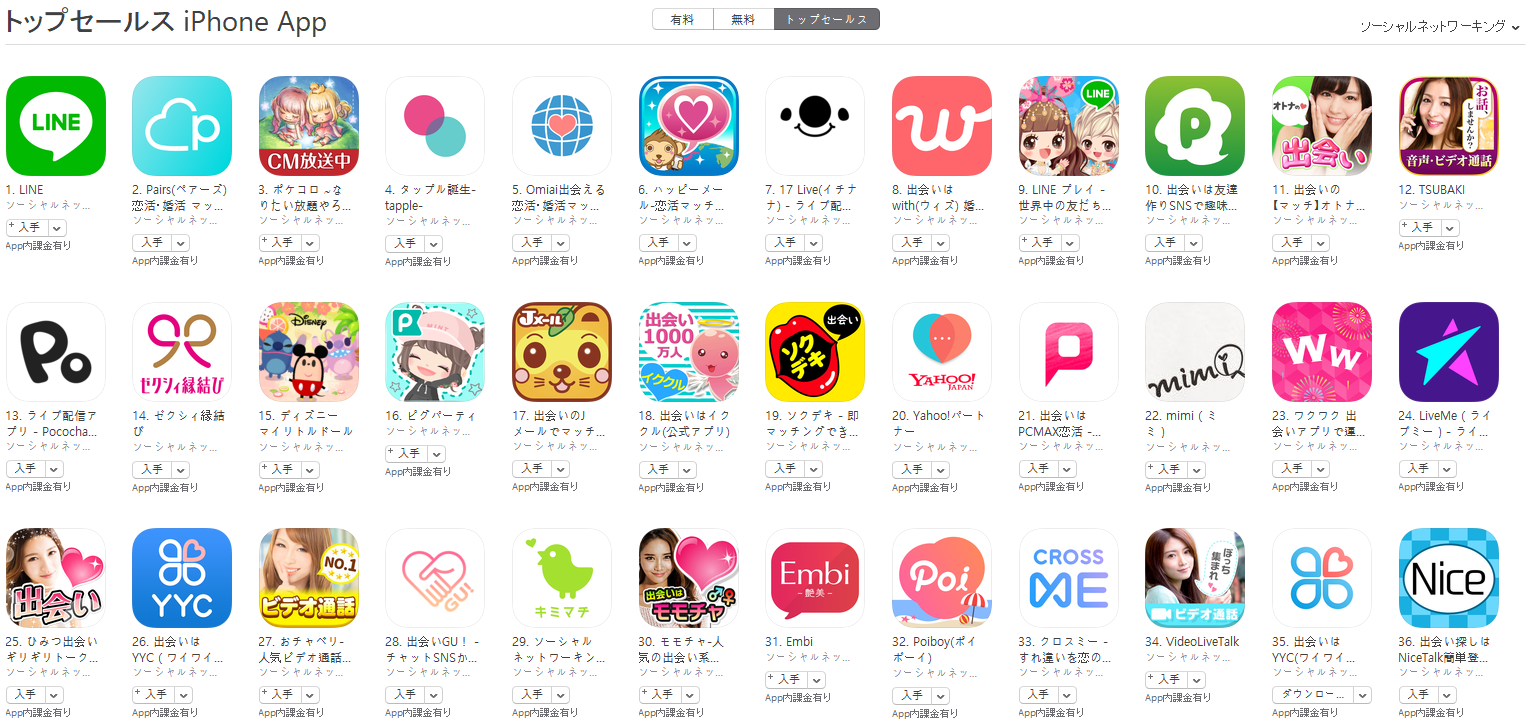 App Store（ソーシャルネットワーキング トップセールスランキング）(8/13)　PACO!が10位に上昇
