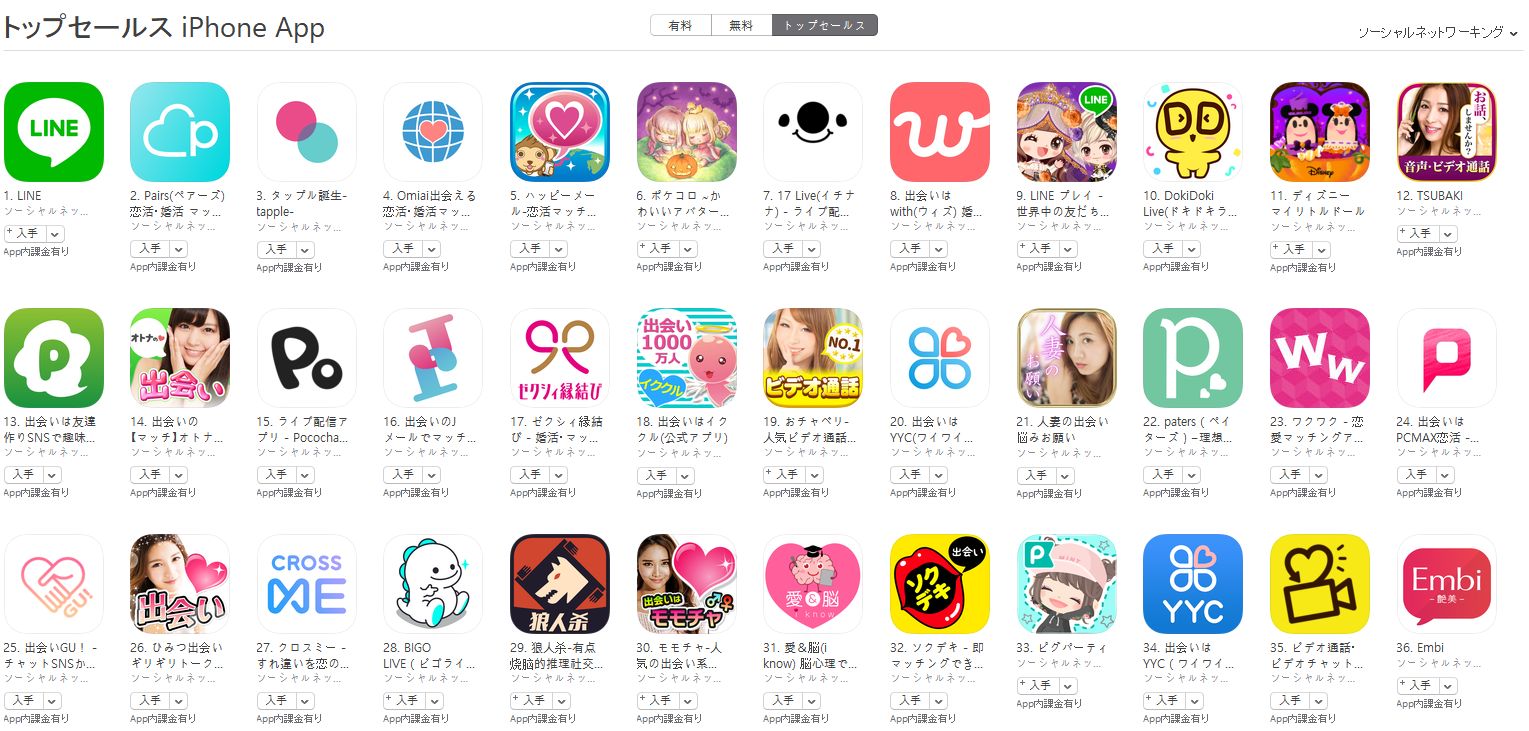 App Store（ソーシャルネットワーキング トップセールスランキング）(10/8)　17 LIVEが7位に上昇