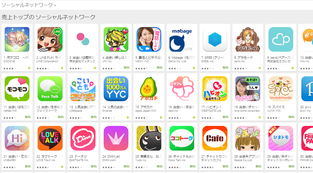 Google Play週次ランキング(10/5)　モバゲーが上昇