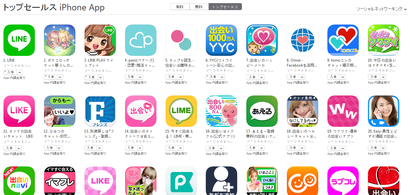 App Store（ソーシャルネットワーキング トップセールスランキング）(2/1)　tomoコレが再びトップ10に浮上