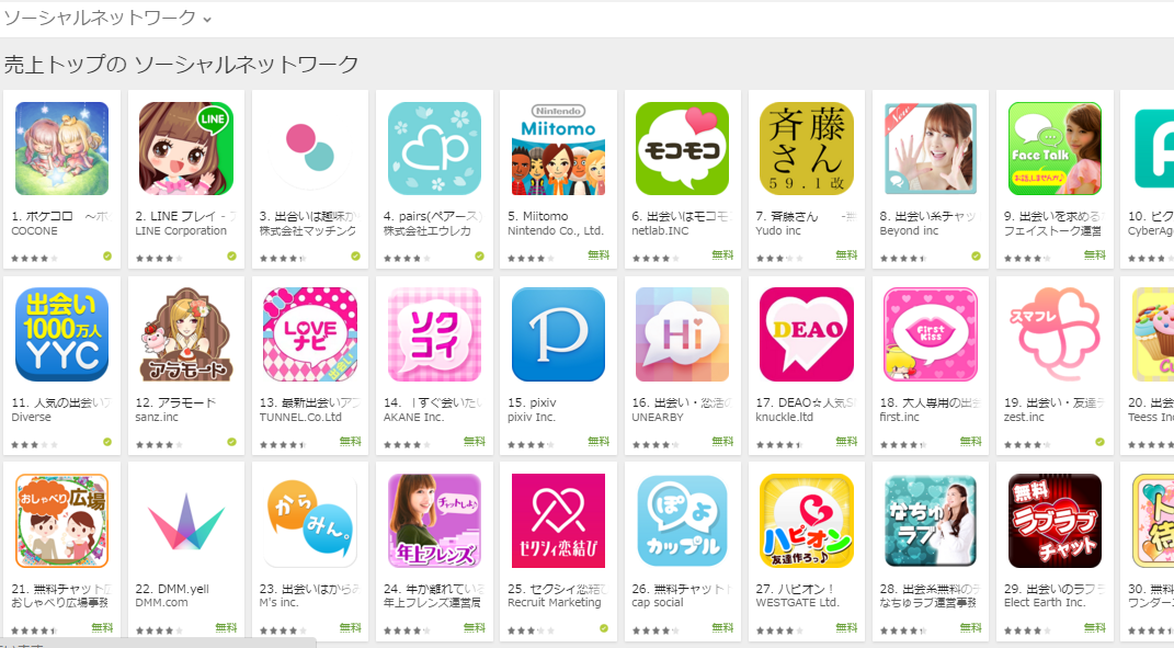 Google Play売上ランキング（ソーシャルネットワークカテゴリー）(3/28)　任天堂のMiitomoが急上昇