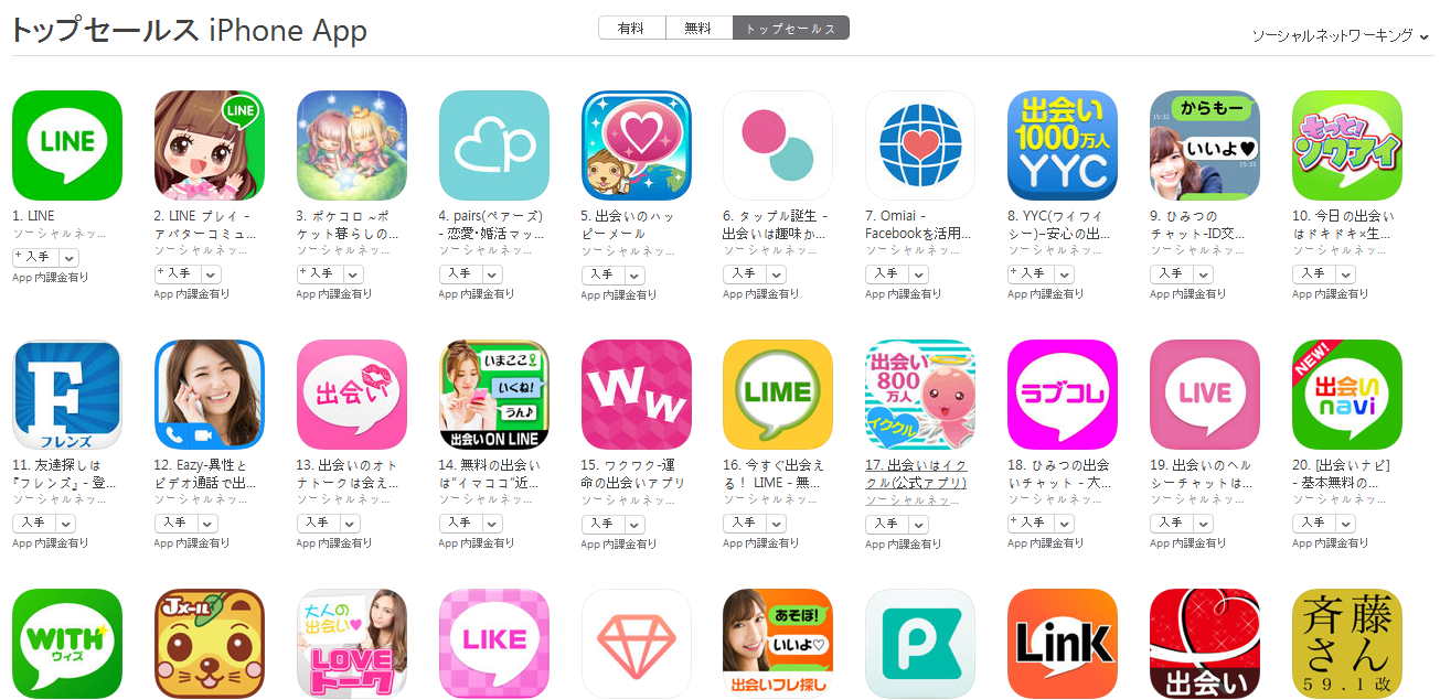 App Store（ソーシャルネットワーキング トップセールスランキング）(3/14)　ひみつのチャットがトップ10入り