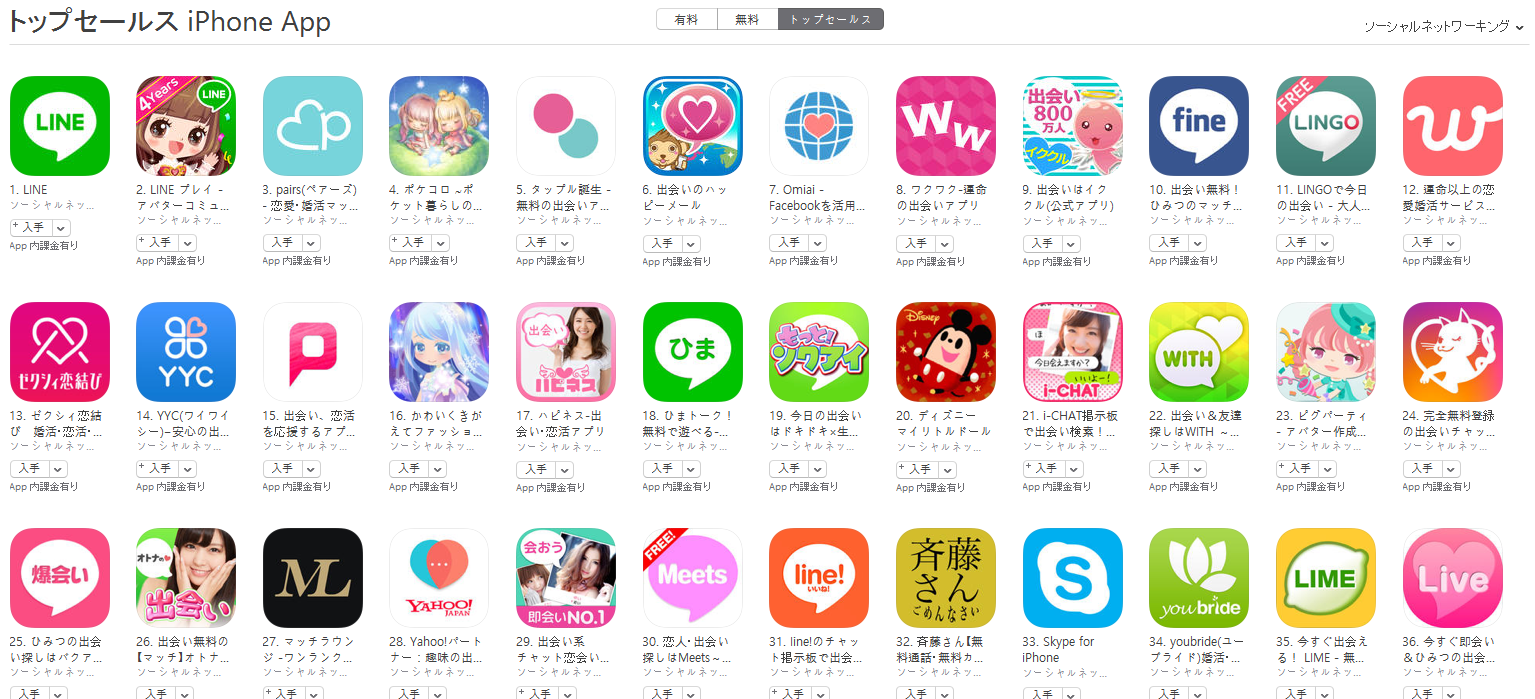 App Store（ソーシャルネットワーキング トップセールスランキング）(11/28)　LINGOが11位に上昇