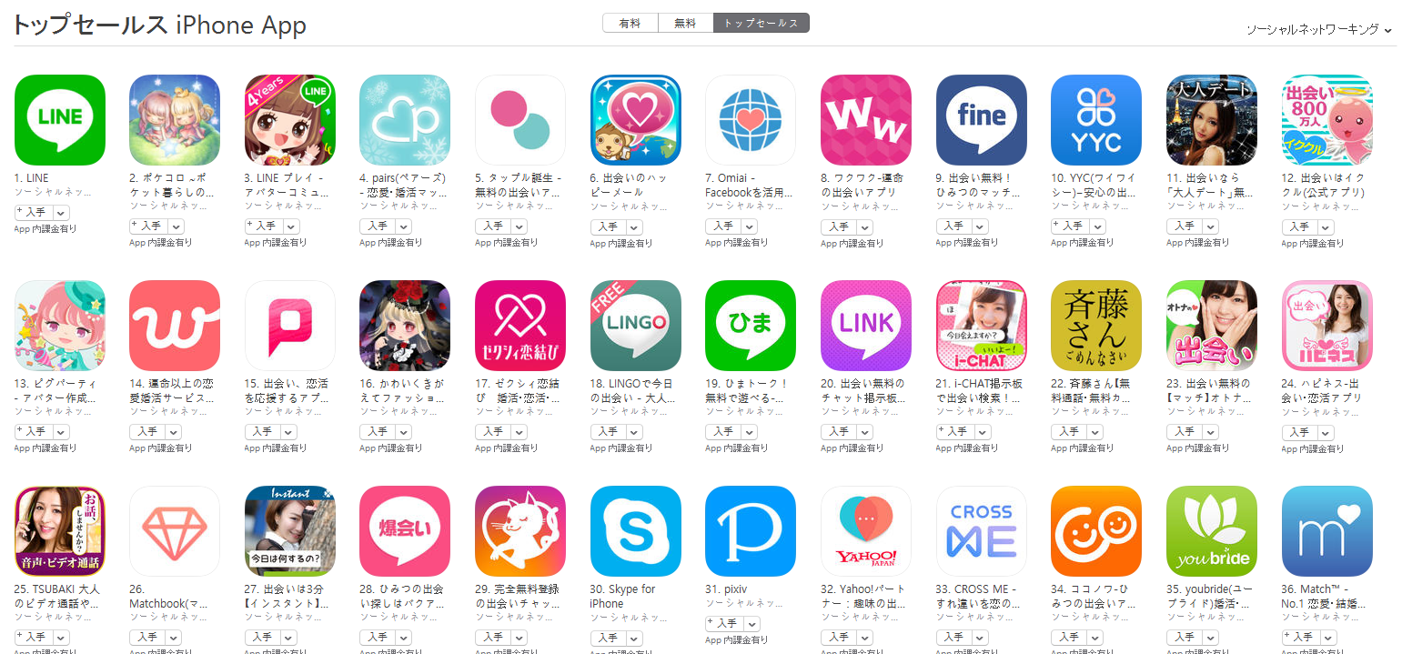 App Store（ソーシャルネットワーキング トップセールスランキング）(12/5)　ｙｙｃが再びトップ10に浮上