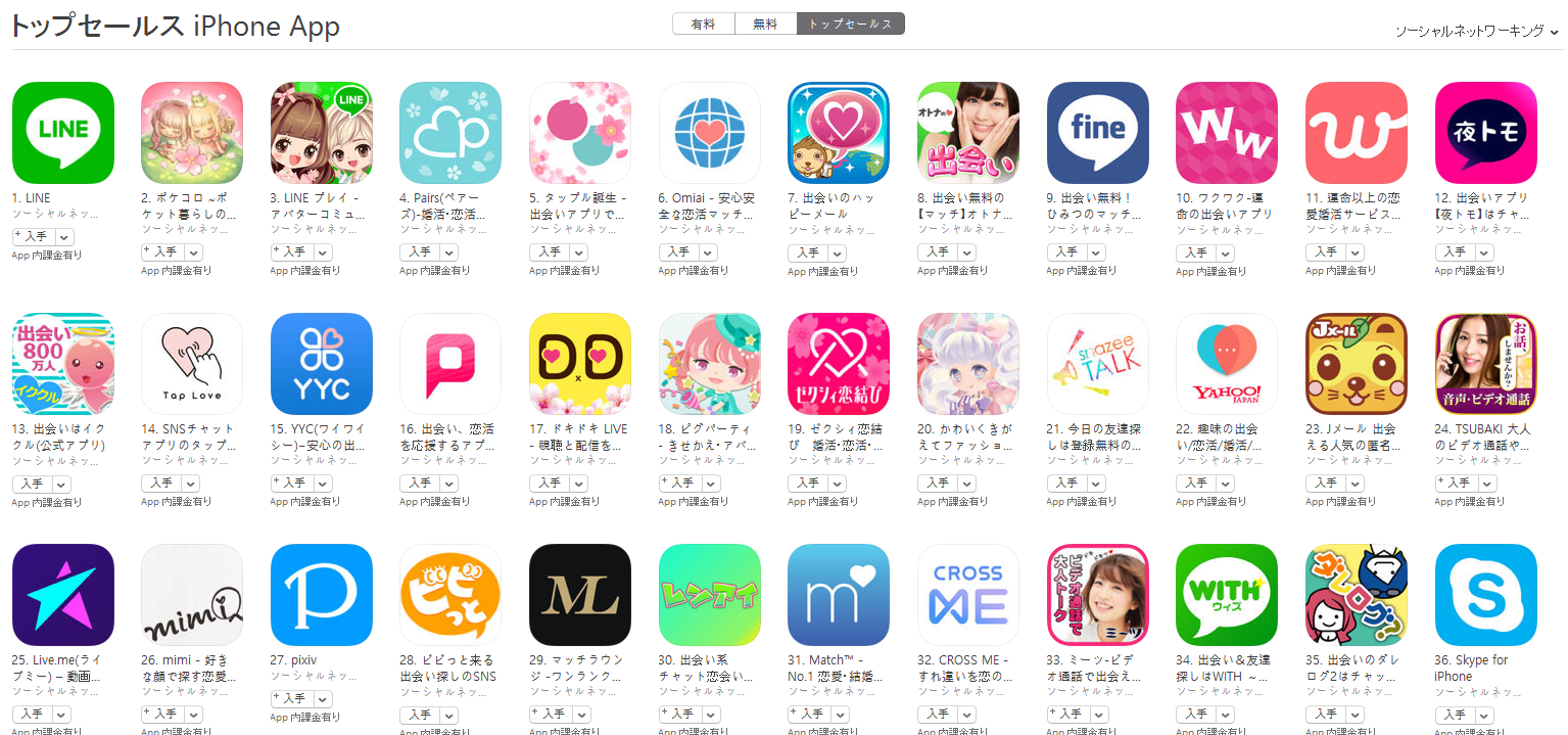 App Store（ソーシャルネットワーキング トップセールスランキング）(4/3)　Omiaiが上昇