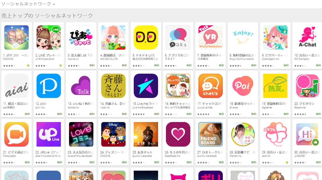 Google Play売上ランキング（ソーシャルネットワークカテゴリー）(6/5)　ぴゅあちゃっとが3位に上昇