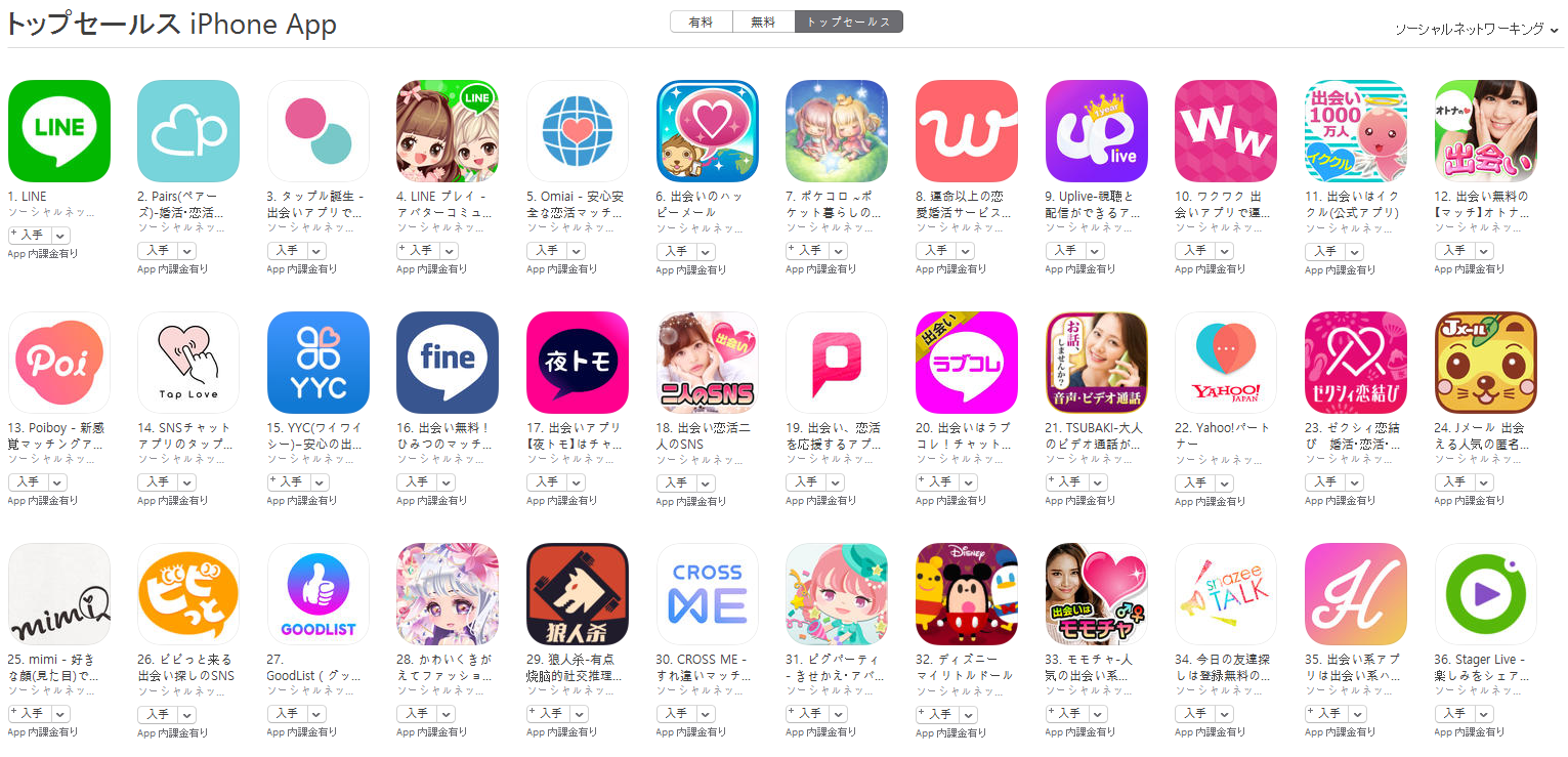 App Store（ソーシャルネットワーキング トップセールスランキング）(7/24)　UpLiveが9位に上昇
