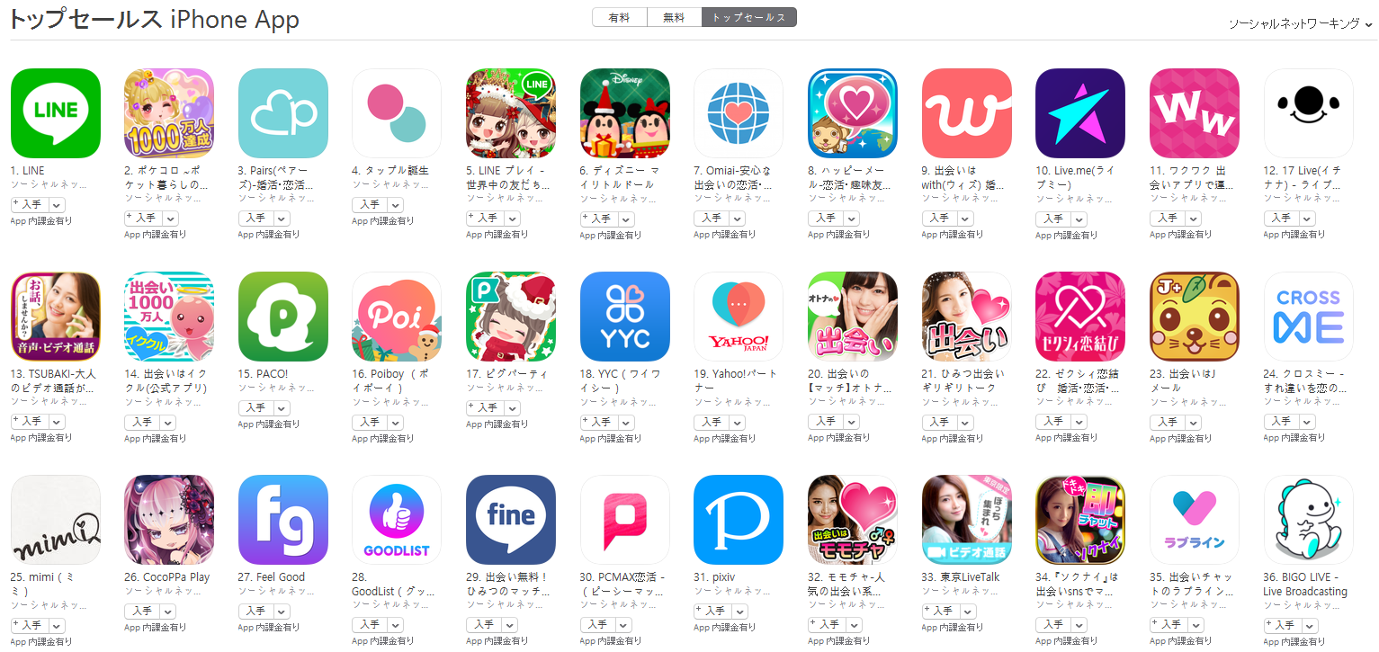 App Store（ソーシャルネットワーキング トップセールスランキング）(12/4)　Live.meが10位に上昇