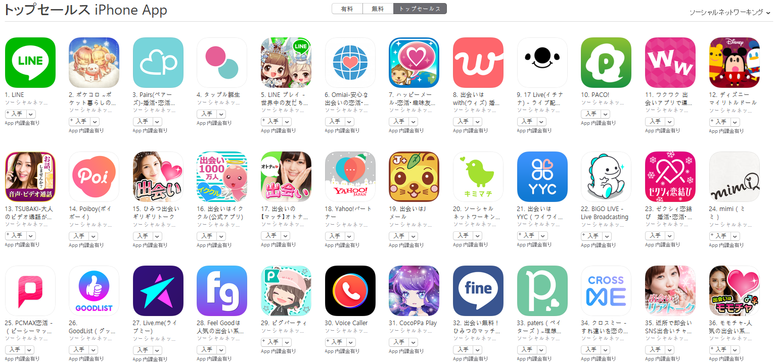 App Store（ソーシャルネットワーキング トップセールスランキング）(1/15)　17 LIVEが上昇
