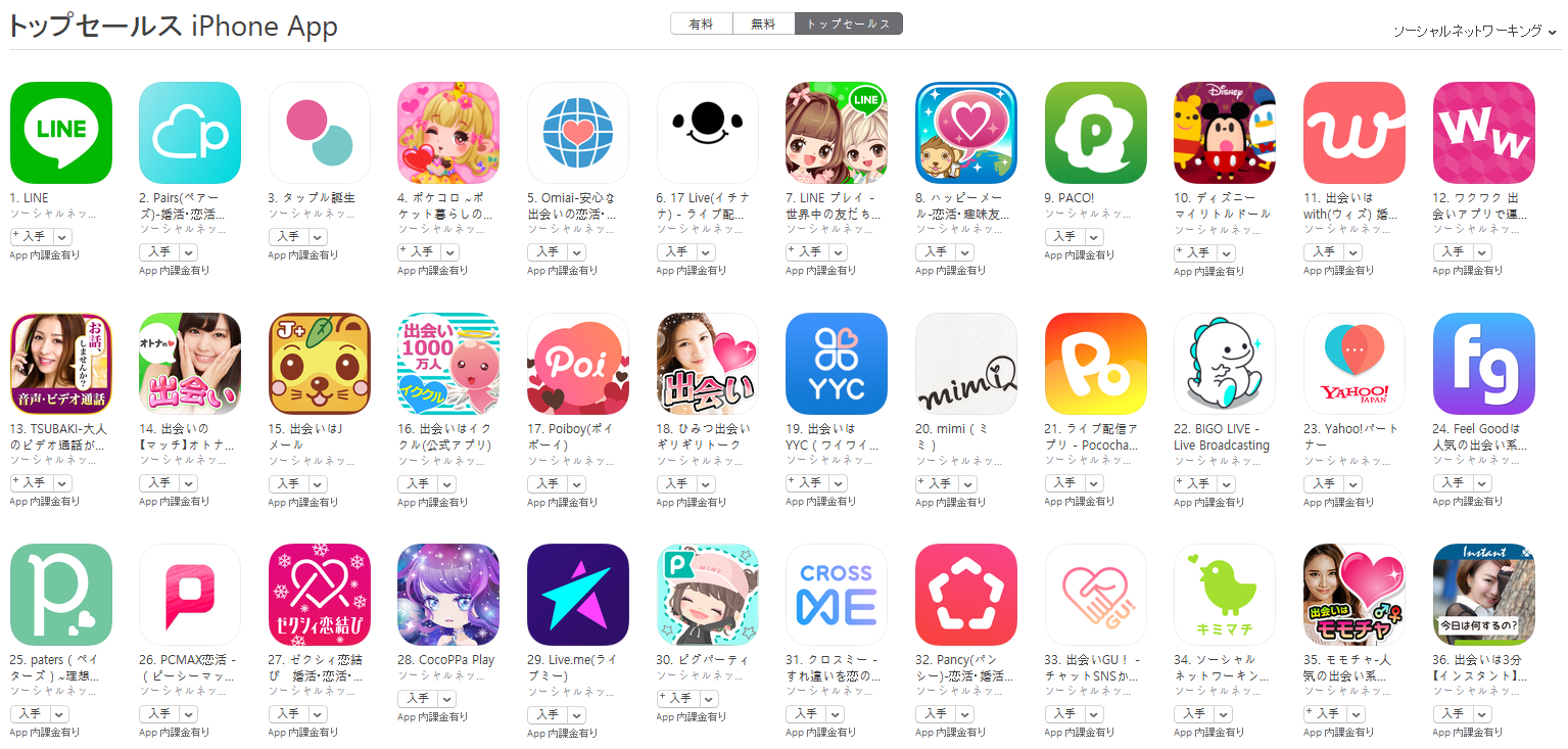 App Store（ソーシャルネットワーキング トップセールスランキング）(2/12)　17 LIVEが6位に上昇