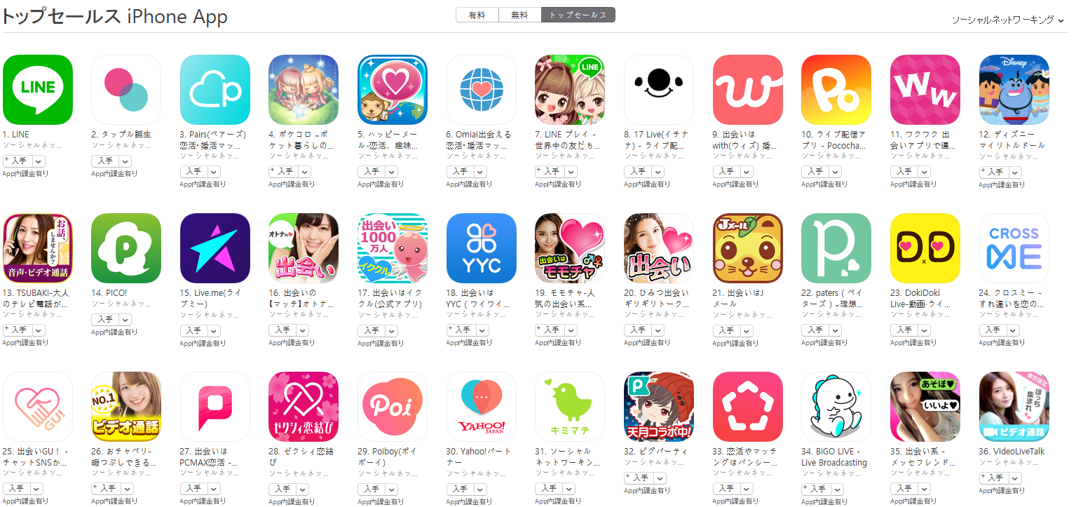 App Store（ソーシャルネットワーキング トップセールスランキング）(4/30)　Pococha Liveが10位に上昇