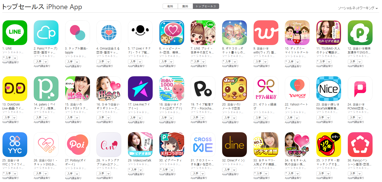 App Store（ソーシャルネットワーキング トップセールスランキング）(6/11)　17 LIVEが5位に上昇
