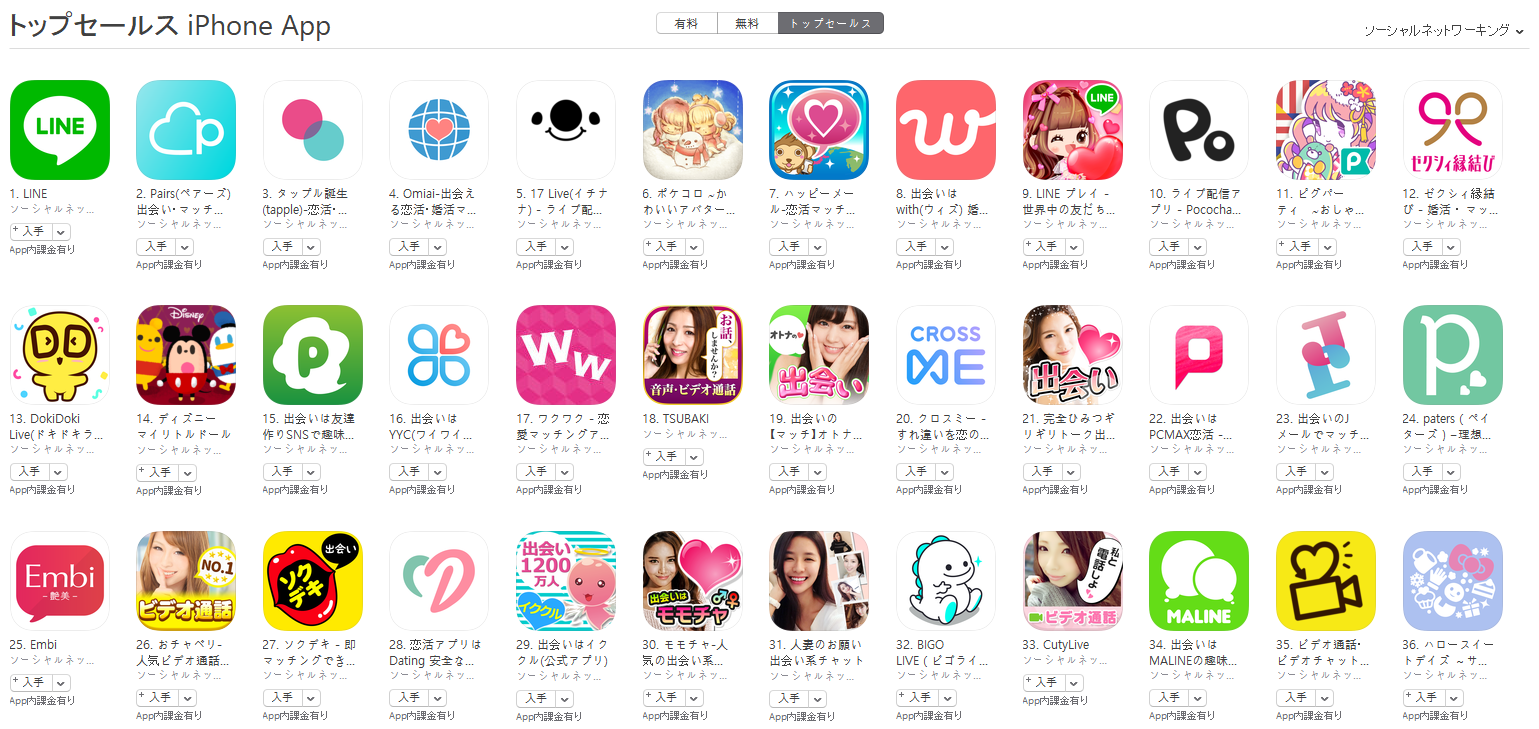 App Store（ソーシャルネットワーキング トップセールスランキング）(1/21)　Pococha Liveが10位に上昇