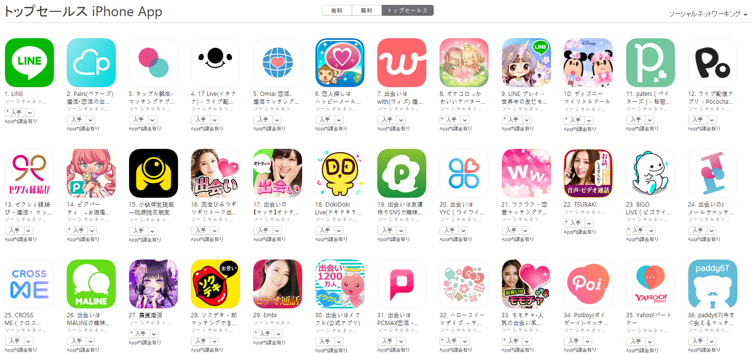 App Store（ソーシャルネットワーキング トップセールスランキング）(4/8)　17 LIVEが上昇