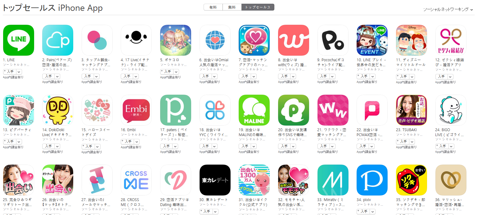 App Store（ソーシャルネットワーキング トップセールスランキング）(6/3)　17 LIVEが4位に上昇